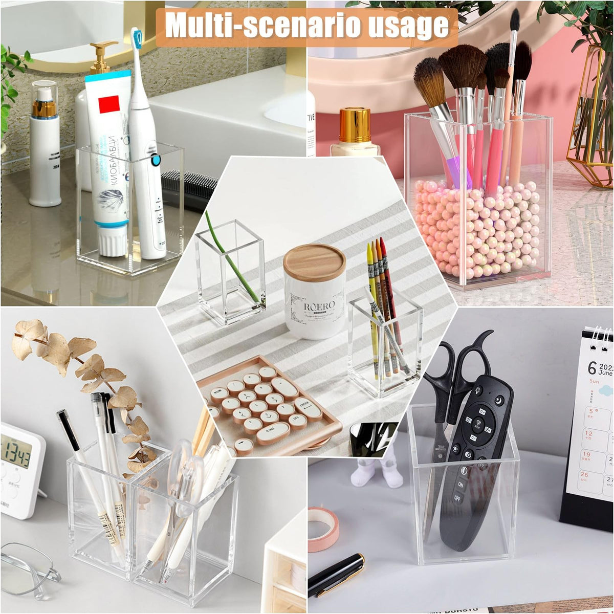 Clear Acrylic Makeup Brush and Pen Organizer - 3 Pack Desk Storage