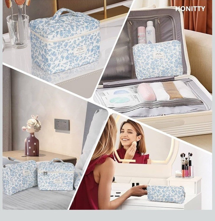 3-Piece Quilted Floral Cosmetic and Travel Bag Set - The Jolly House