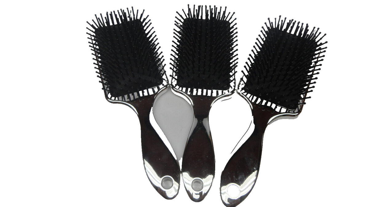 3 Pack Plastic Paddle Hair Brush - Silver - Hair Styling Tools
