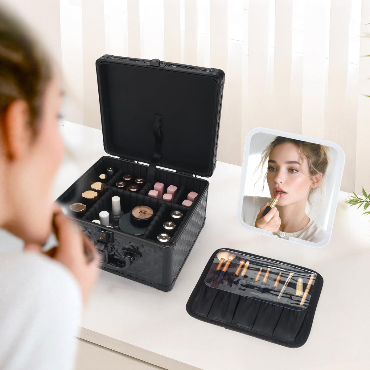 Lockable Portable Makeup Case with LED Lighted Mirror and Detachable Storage