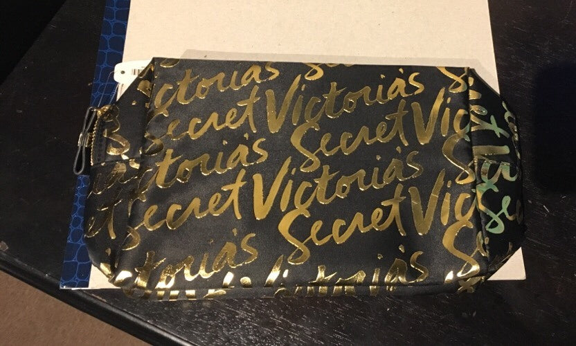 Victoria's Secret Black and Gold Nylon Cosmetic Bag - Travel Toiletry Organizer