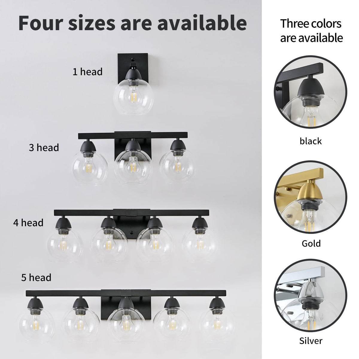3-Light Black Vanity Light Fixture with Hand-Blown Glass Shades for Bathroom