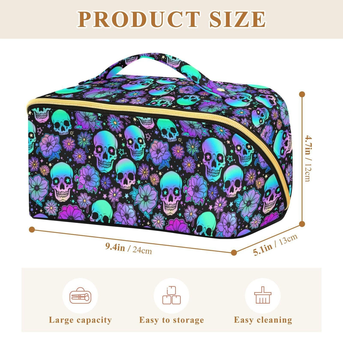 Large Capacity Travel Makeup Organizer Bag with Skulls Pattern
