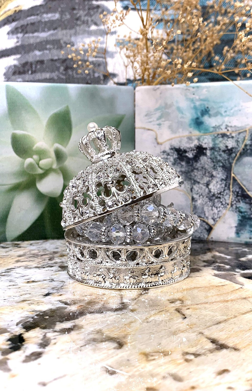 Silver Rhinestone Crown Jewelry Box with Pearl Design - Elegant Gift Storage