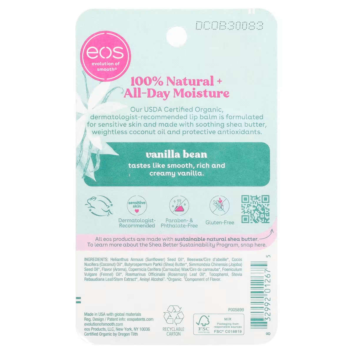 Natural Shea Lip Balm Vanilla Bean 6-Pack, Hydrating & Nourishing