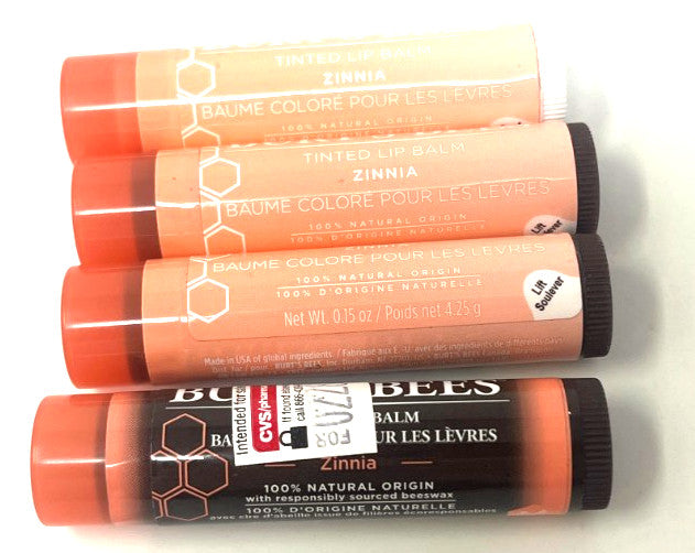 Set of 4 Burt's Bees Tinted Lip Balms - Sealed, Zinnia Shade, 0.15 oz Each