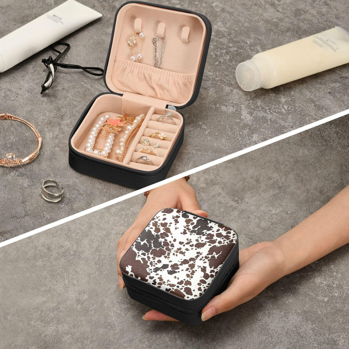 Mini Travel Jewelry Box with Cow Print, Compact Organizer for Earrings & Necklaces