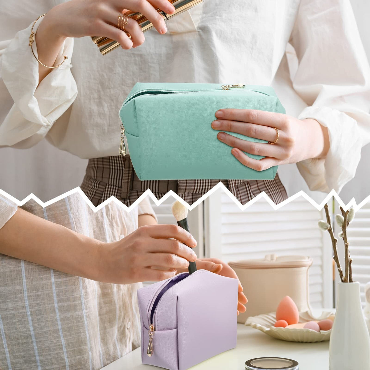 Water-Resistant Leather Cosmetic Bag Set - 9 Pouches Travel Toiletry Organizer