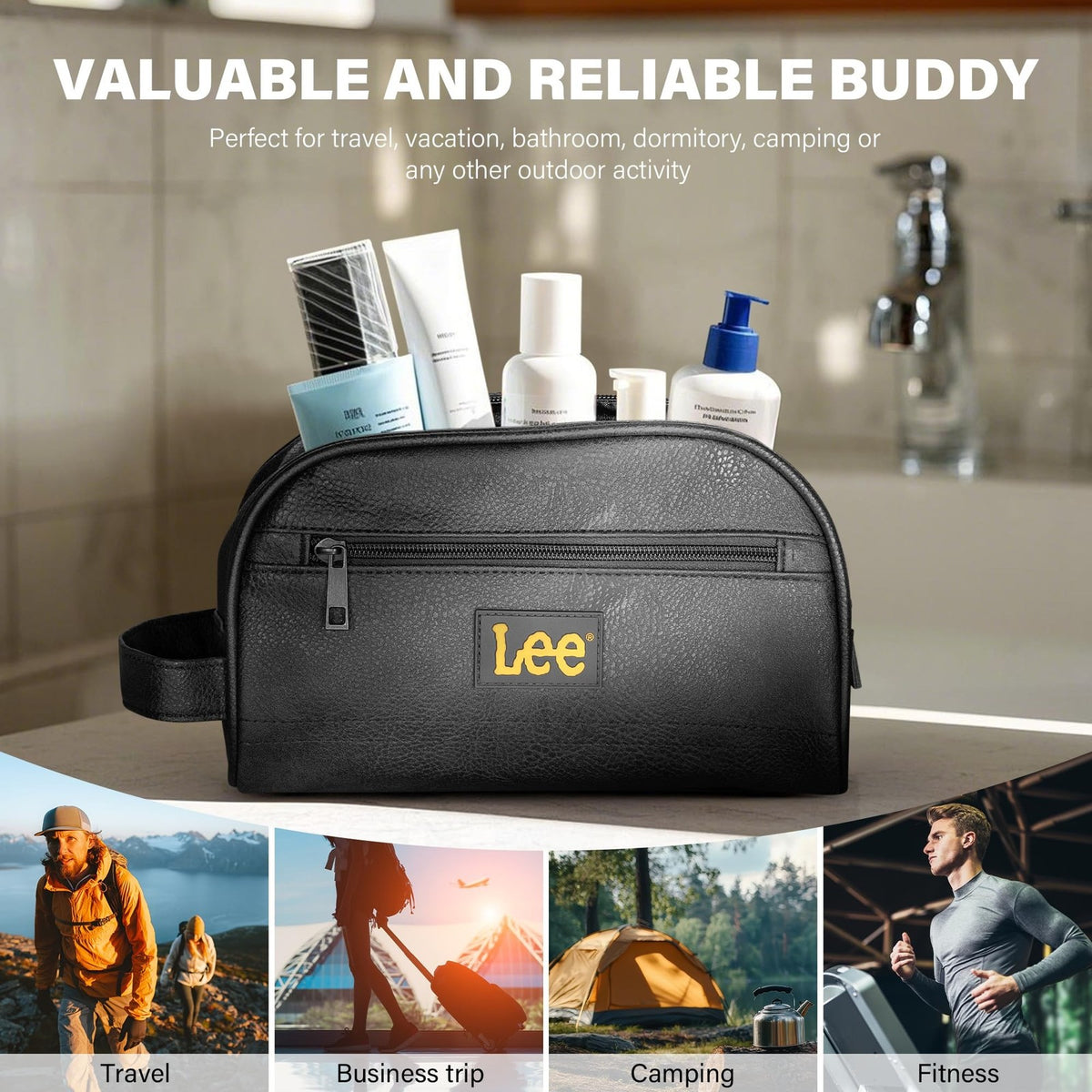 Men's Water-Resistant PU Leather Toiletry Bag Travel Organizer Dopp Kit