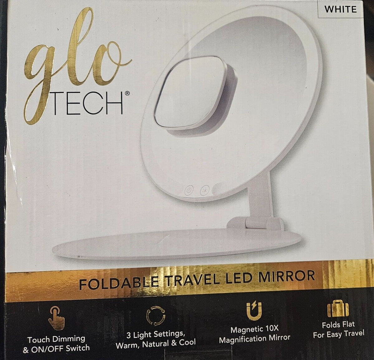 Foldable 8-Inch Travel LED Mirror with 3 Light Settings, Touch Dimmer & 10x Magnification