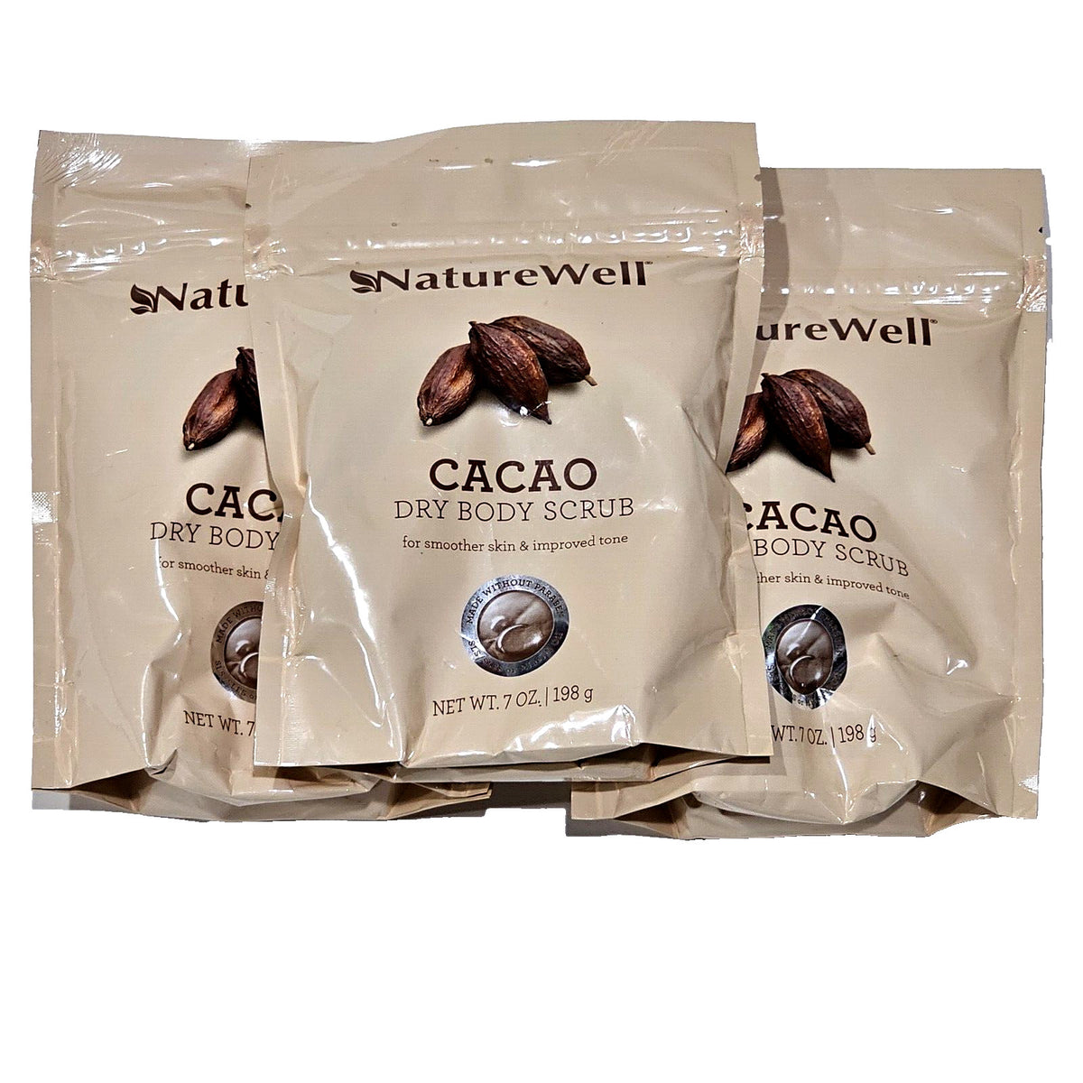 3 Pack Natural Cacao Dry Body Scrub for Smooth Skin & Improved Tone 7oz