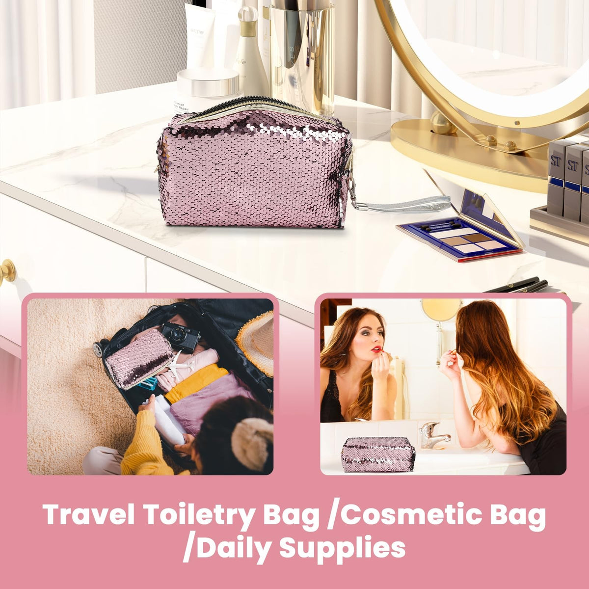 Travel Cosmetic Bag Sequin Makeup Pouch Waterproof Pink