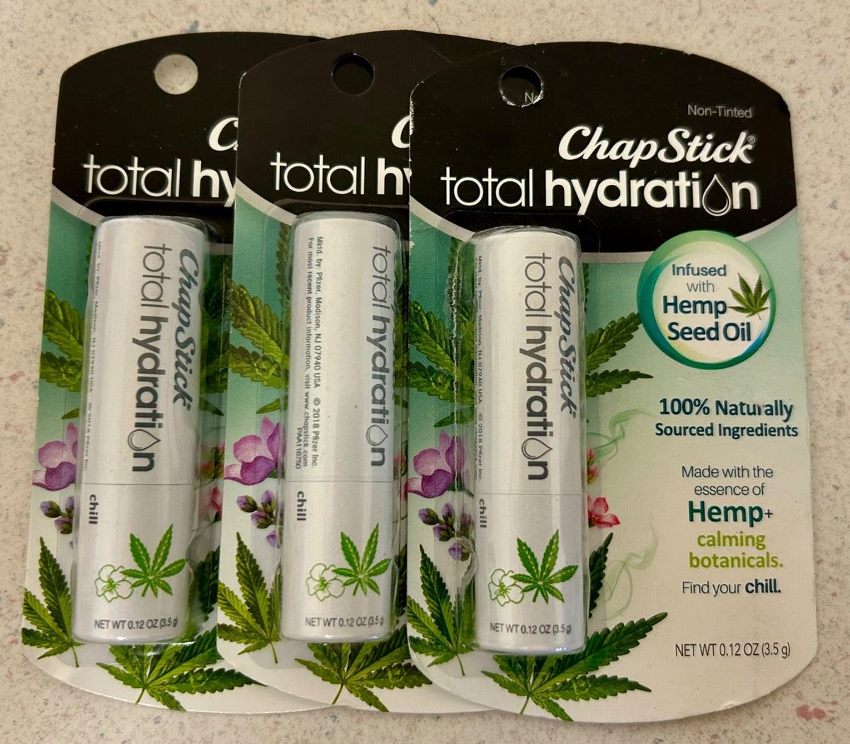 3 Pack Lip Balm with Hemp Seed Oil - Total Hydration, 0.12 oz each