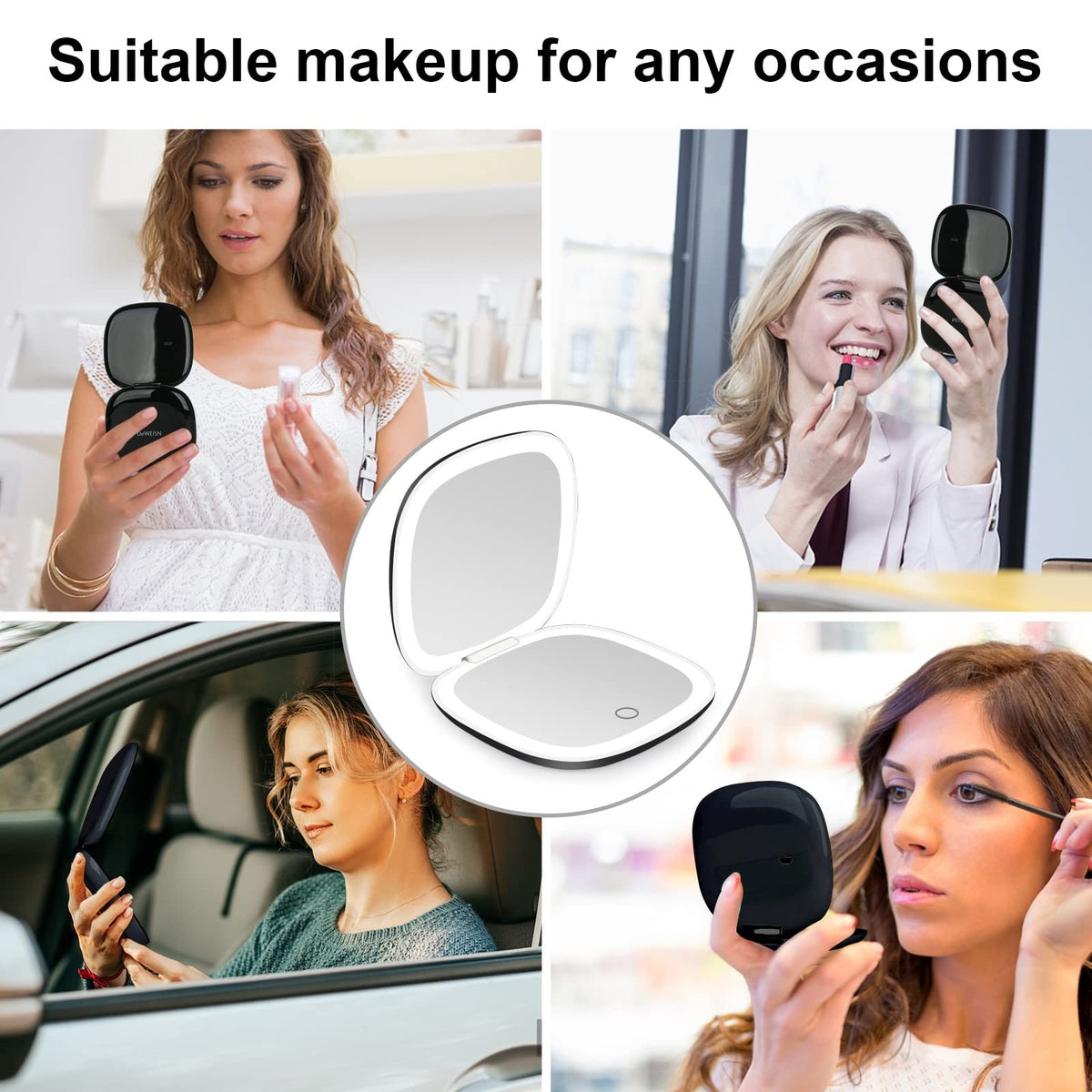 Lighted Travel Makeup Mirror with 1X/10X Magnification, Dimmable LED, USB Rechargeable, Portable Compact