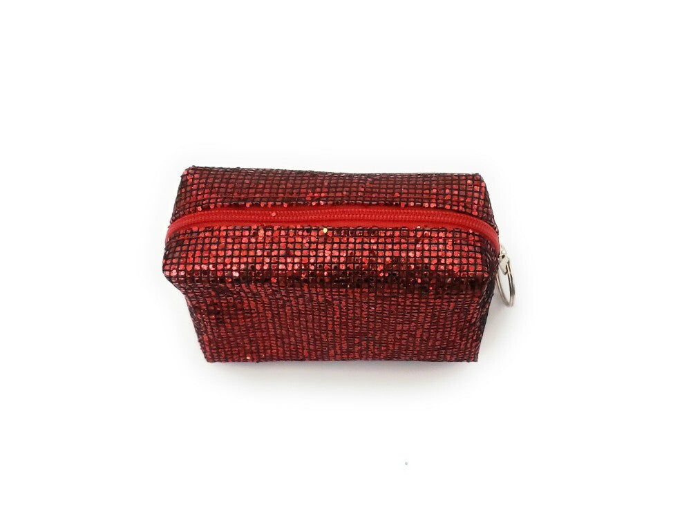 Mini Sequin Cosmetic Bag Coin Purse with Key Ring - 4 Inch Red Sparkle