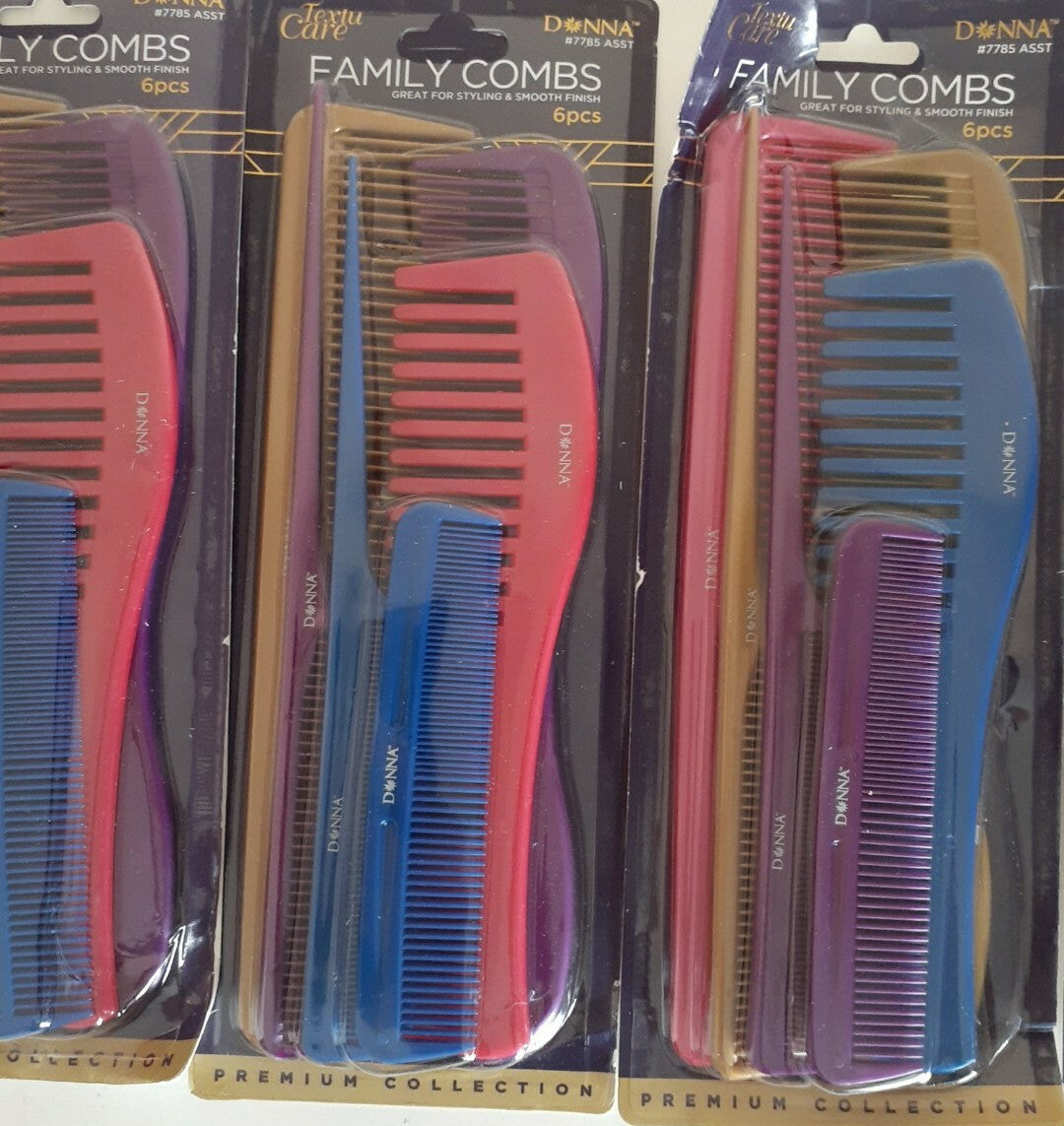 Donna 6-Piece Family Comb Set - 8 Distressed Packs for All Hair Types