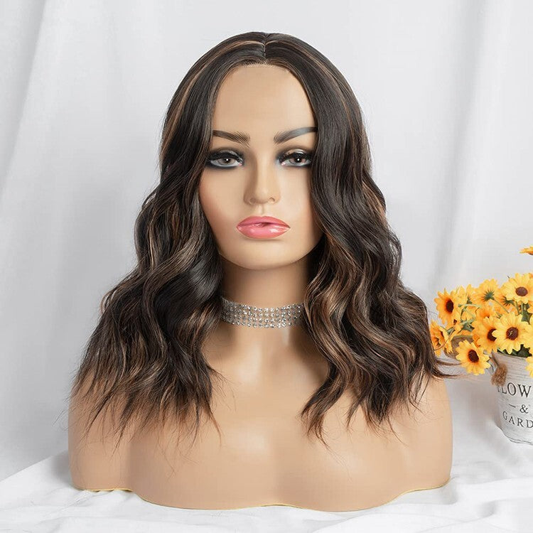Women’s Curly Wavy Shoulder Length Wig - Black with Brown Highlights, Cosplay & Daily Wear
