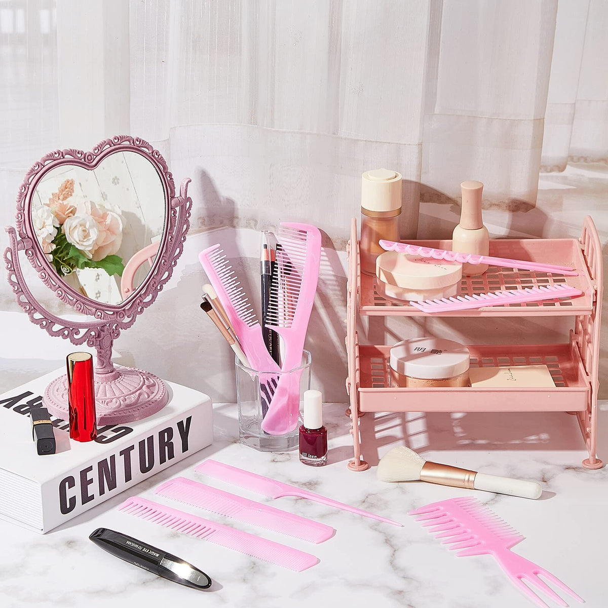 Heart Shaped Vanity Mirror & Hair Combs Set - Rotatable Double-Sided Pink