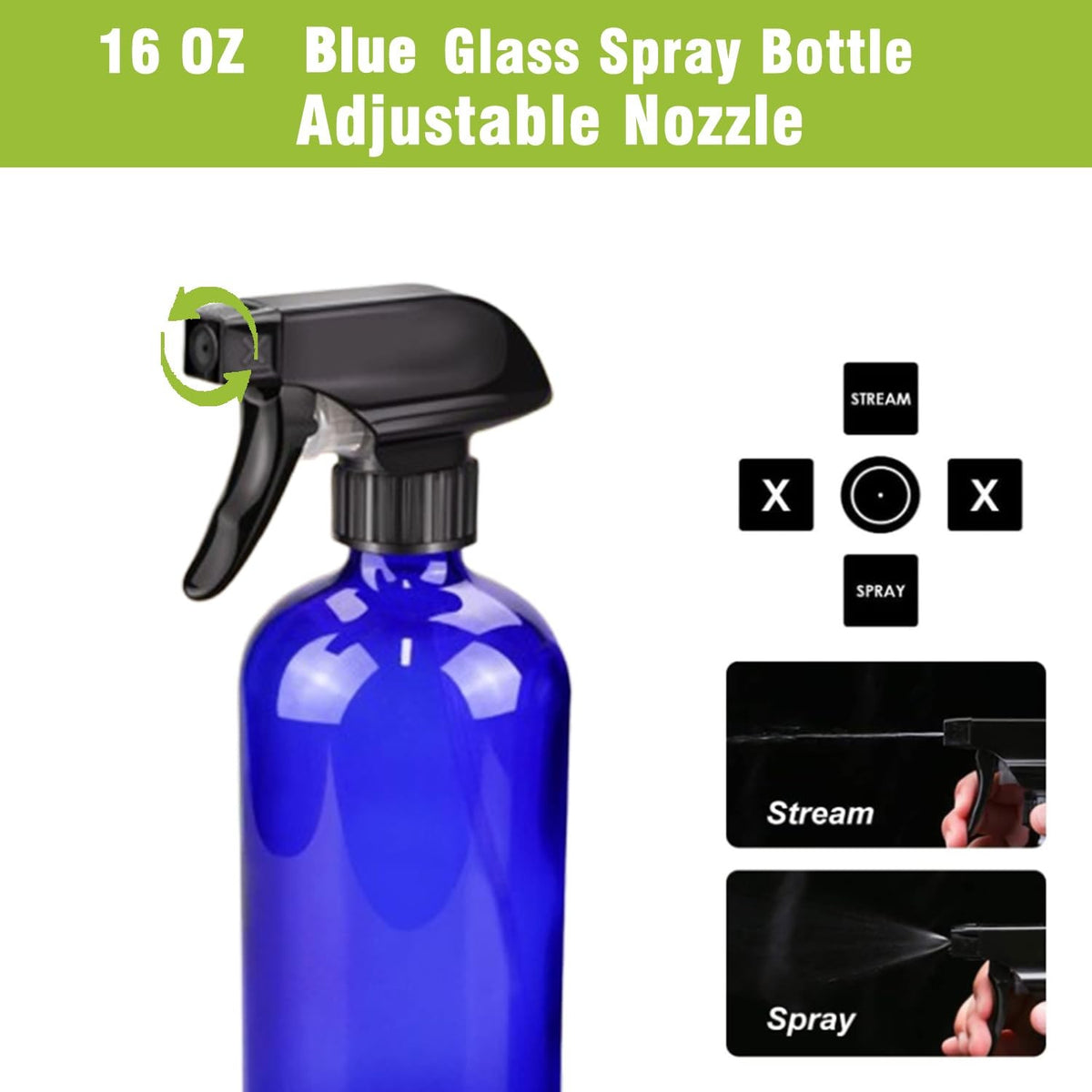 Refillable Blue Glass Spray Bottles for Cleaning Hair Care Plants 16oz Set