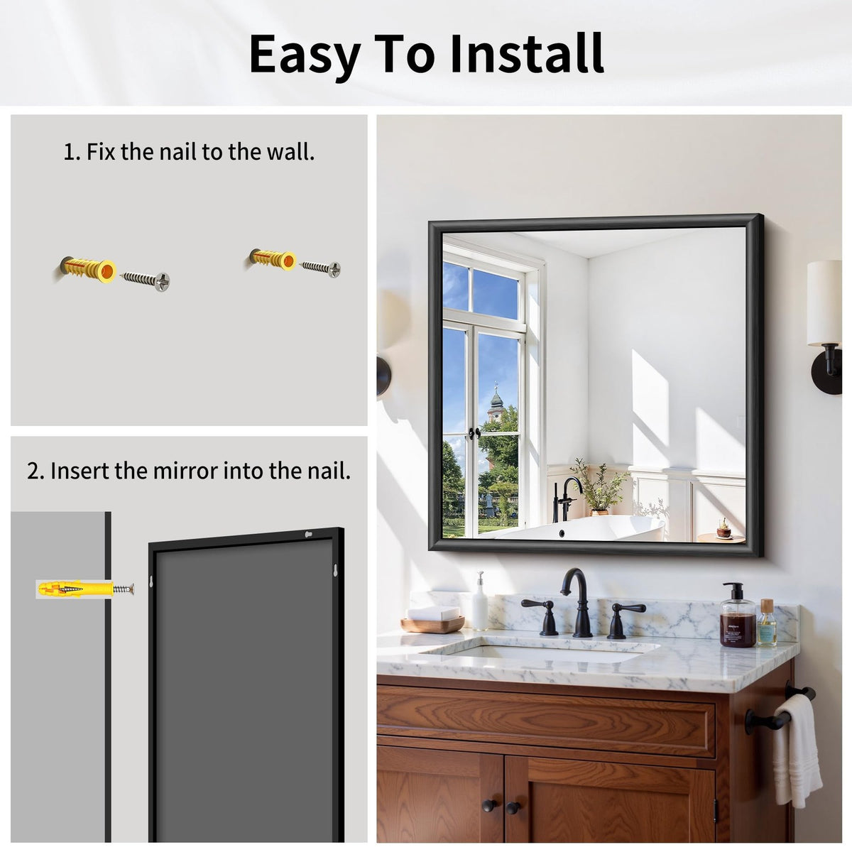 30x30 Black Framed Bathroom Mirror - Modern Raised Metal Wall Mirror