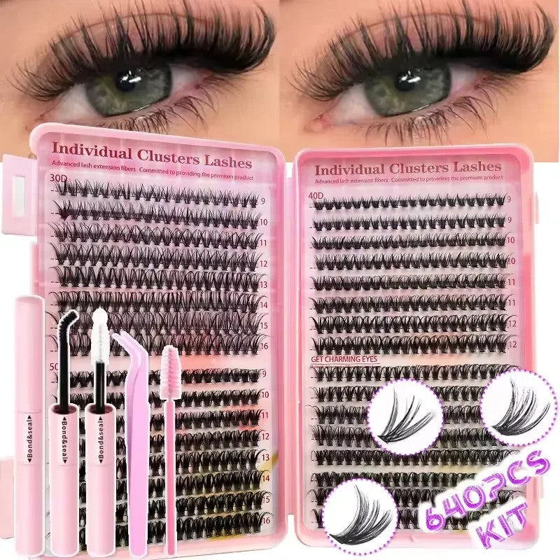 Lash Extension Kit 640Pcs DIY Individual Lash Clusters & Bond Supplies