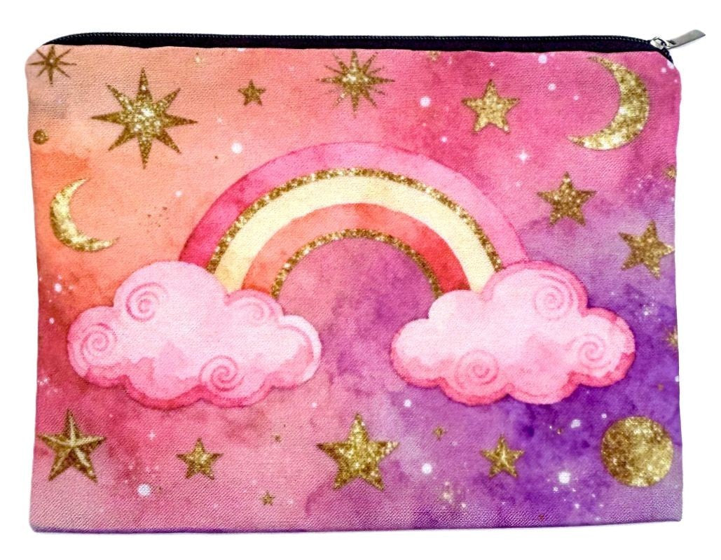 Celestial Rainbow Makeup Bag with Stars and Moon - Pink Purple Zippered Pouch