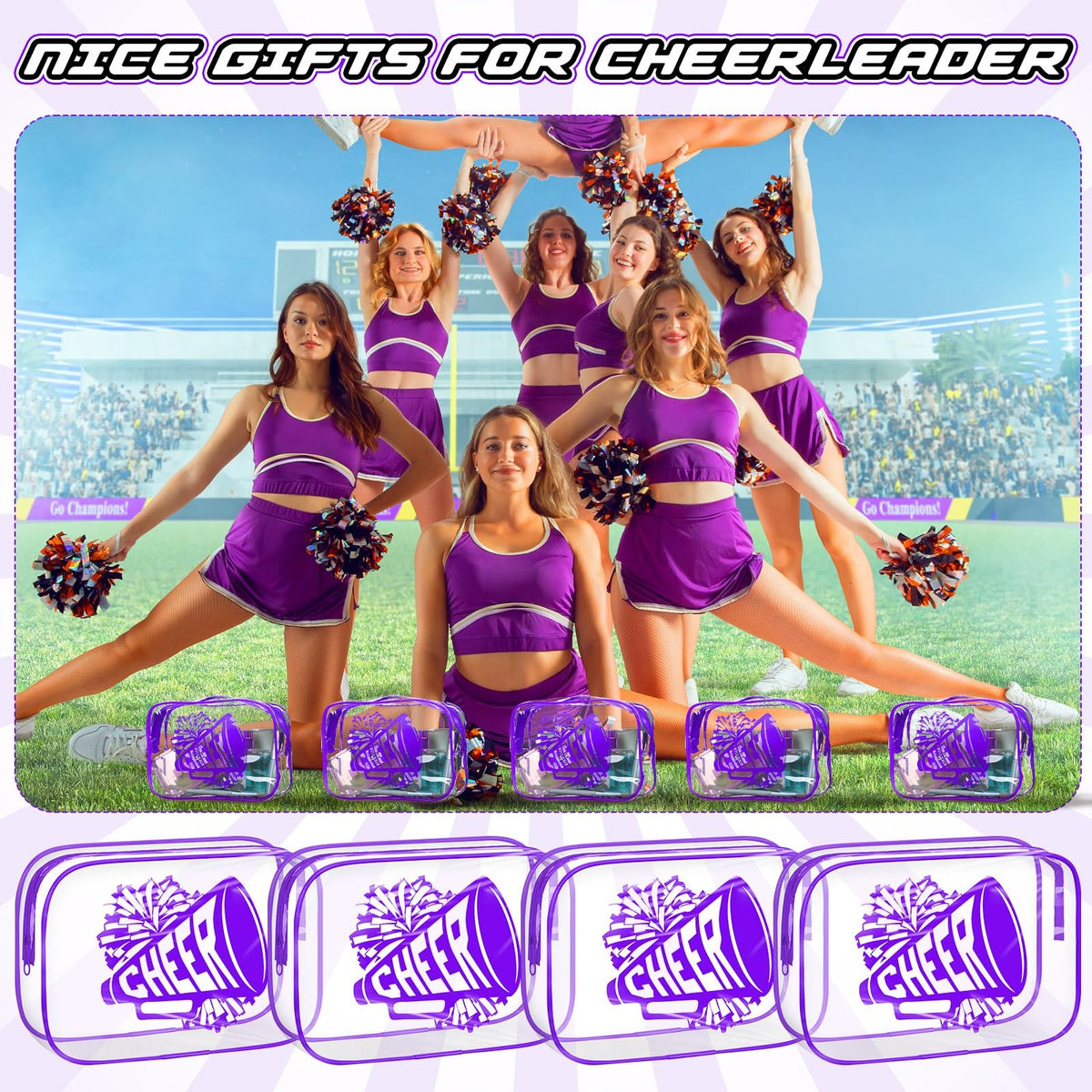 Cheer Makeup Bags Bulk Set - Waterproof PVC Cosmetic Pouches for Teams, 12 Pack