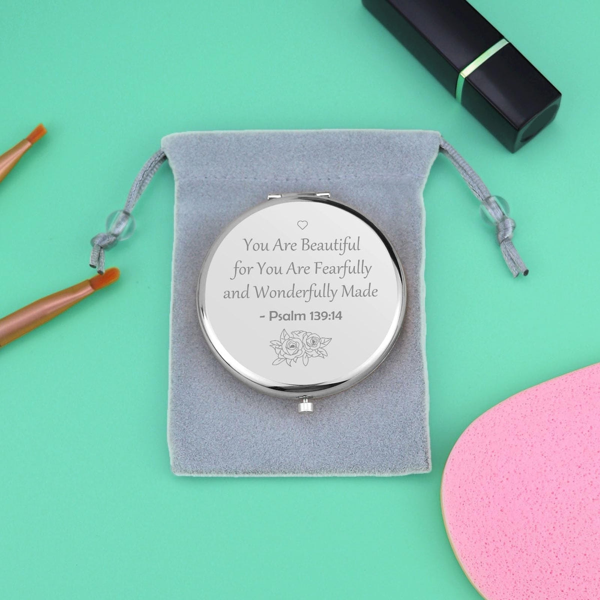 Christian Inspirational Compact Makeup Mirror with Bible Verses - Silver