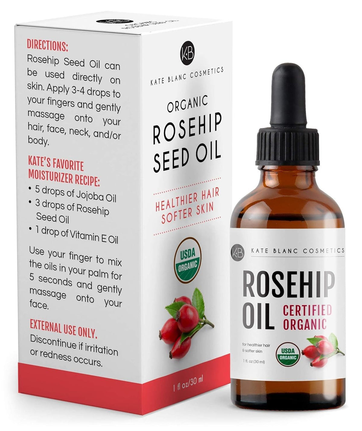 Organic Rosehip Seed Oil for Face & Skin - 1oz Cold Pressed Nourishing Oil