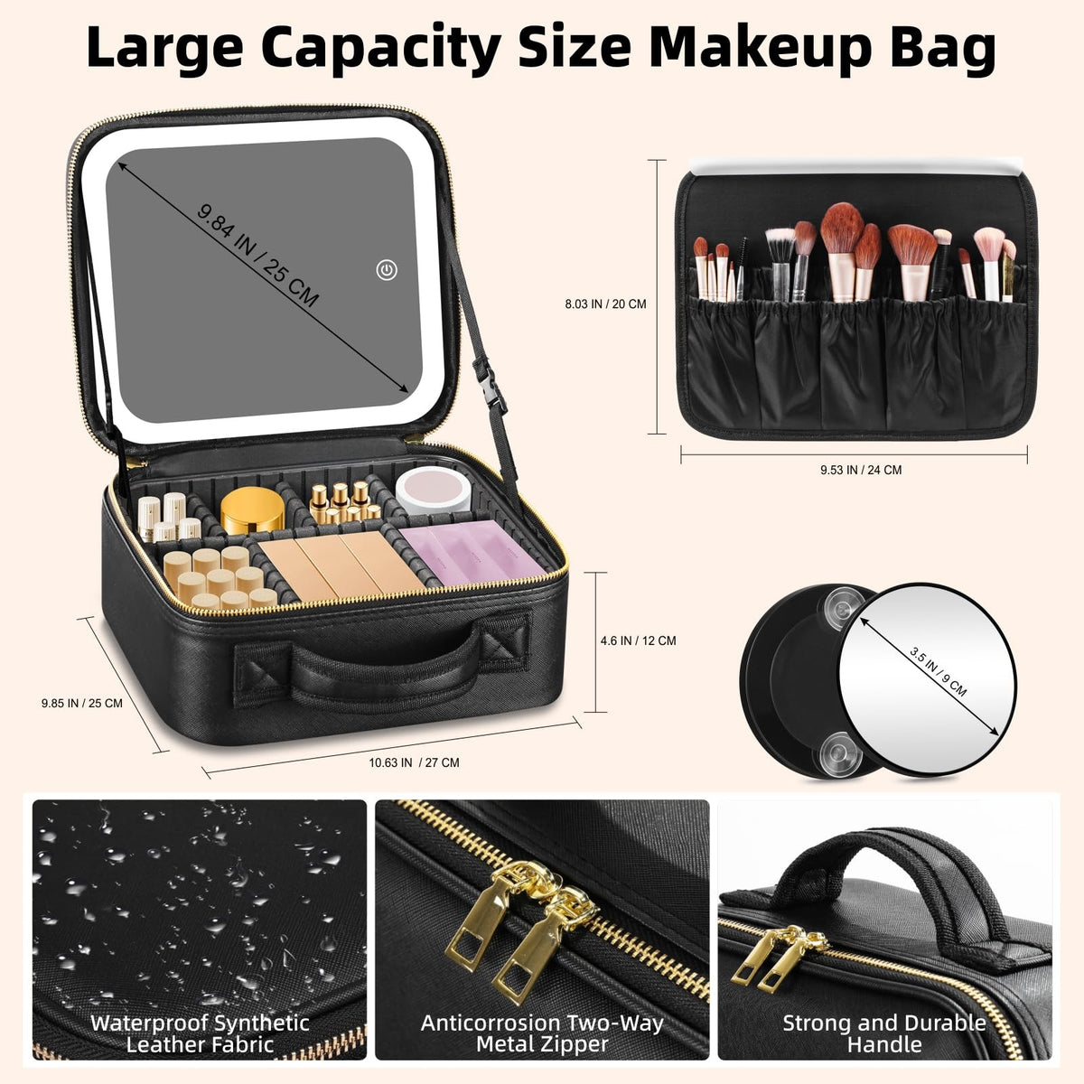 Travel Makeup Bag with Illuminated Mirror and Adjustable Compartments