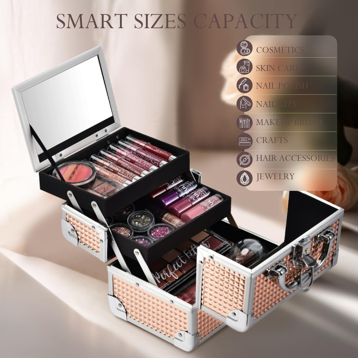 Rose Gold Makeup Organizer Case with Mirror Lockable Portable Storage