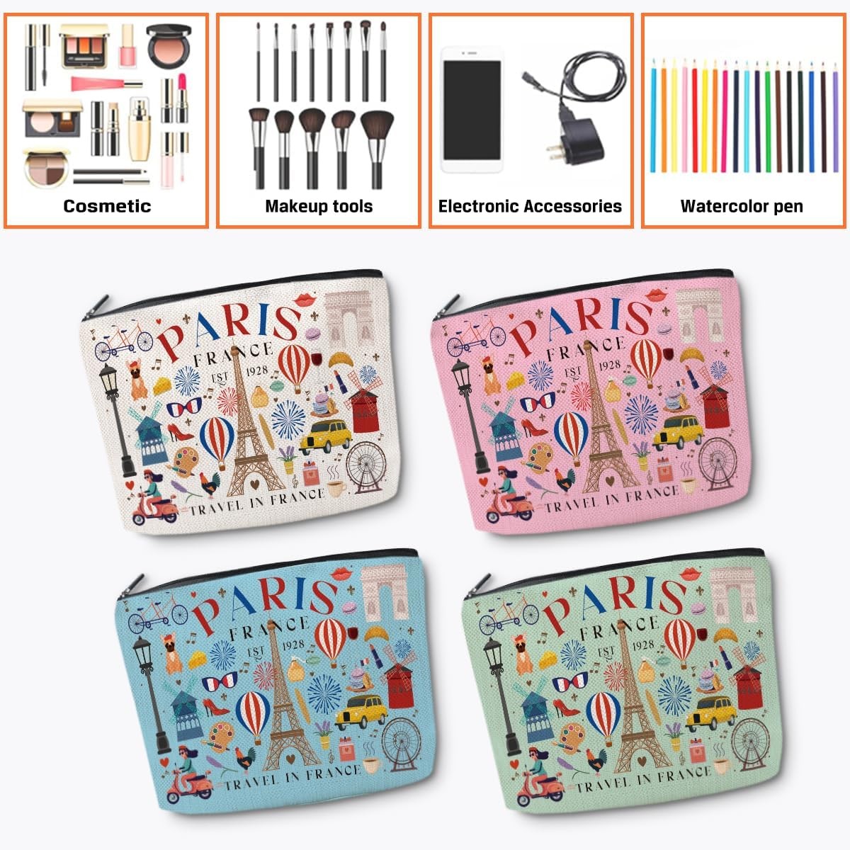 4 Pack Travel Makeup Bags for Women - Paris Lover Gift Set
