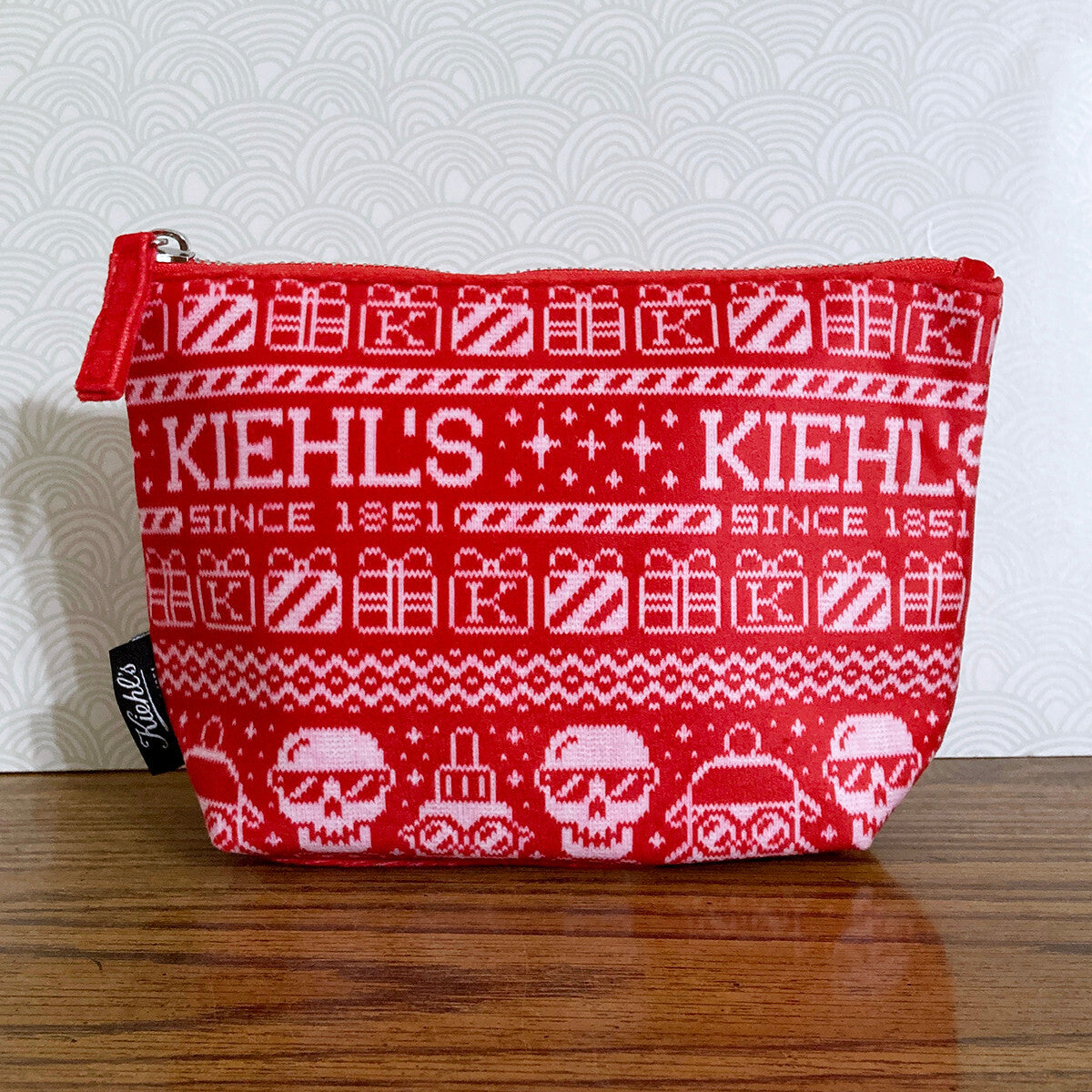 Kiehls Skull Red Velour Cosmetic Bag Small Travel Pouch Holiday Gift