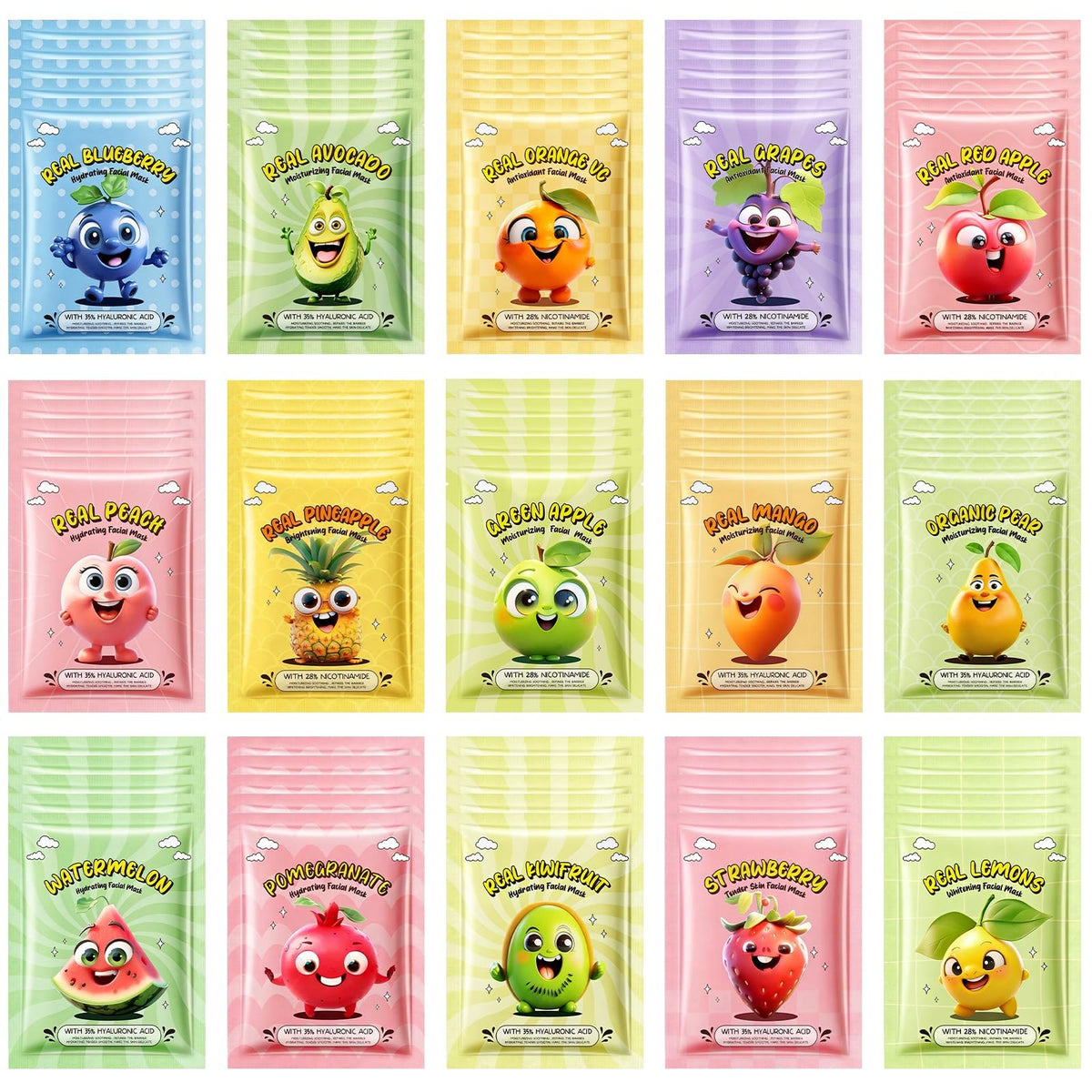 75-Pack Collagen Face Masks - 15 Fruit Flavors