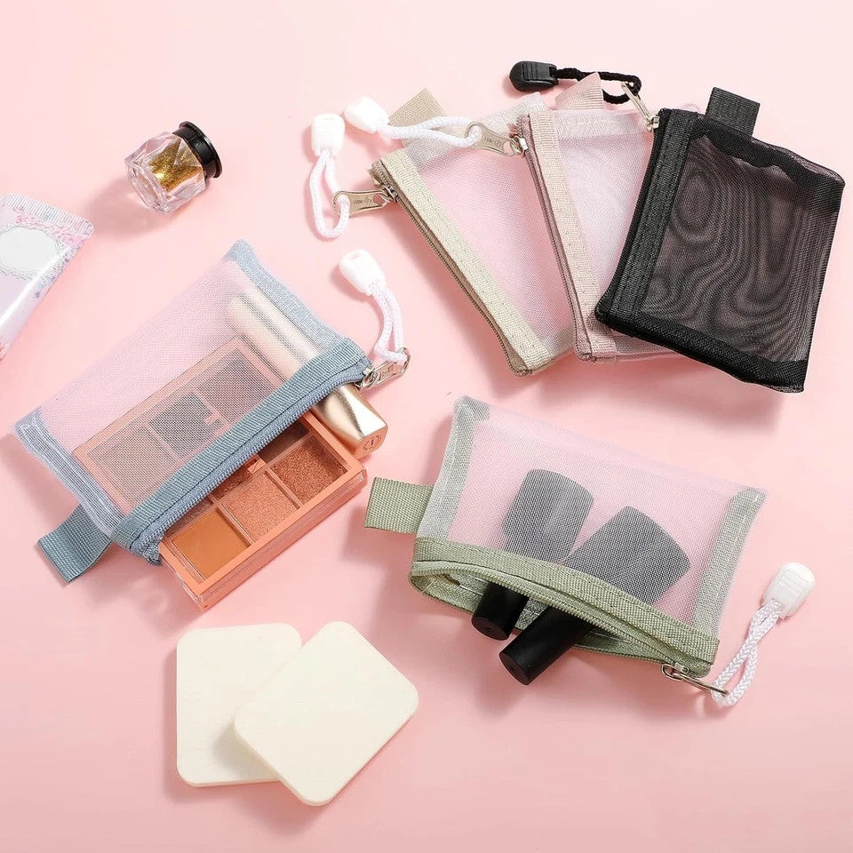 Mini Zipper Mesh Bags 5 Pack - Portable Nylon Makeup & Travel Organizer