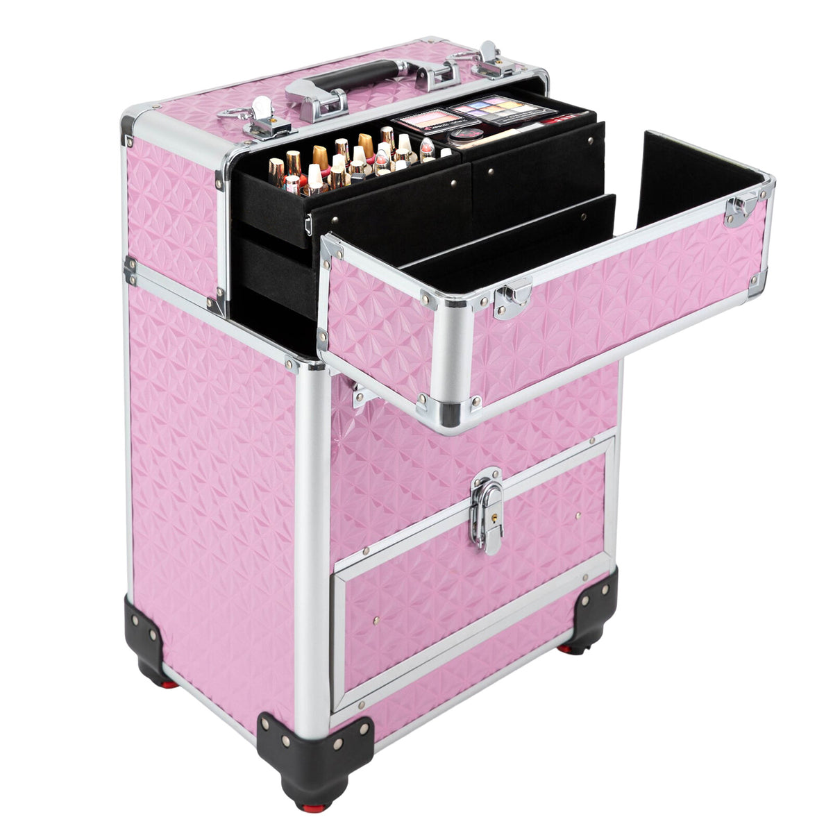 Rolling Makeup Train Case with 7 Compartments and Lockable Drawers