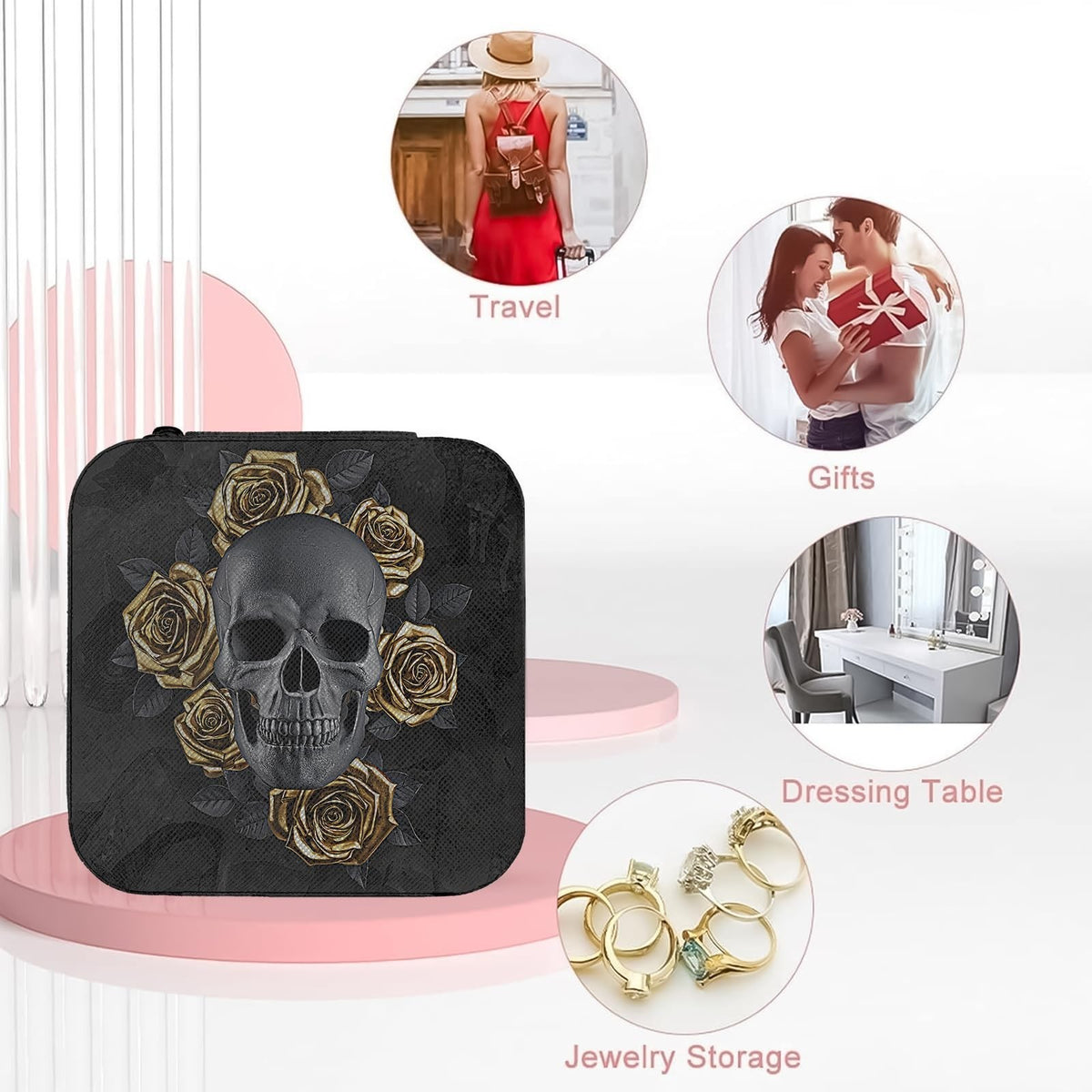 Travel Jewelry Case with Mirror and Skull Design, Black Faux Leather Organizer for Women