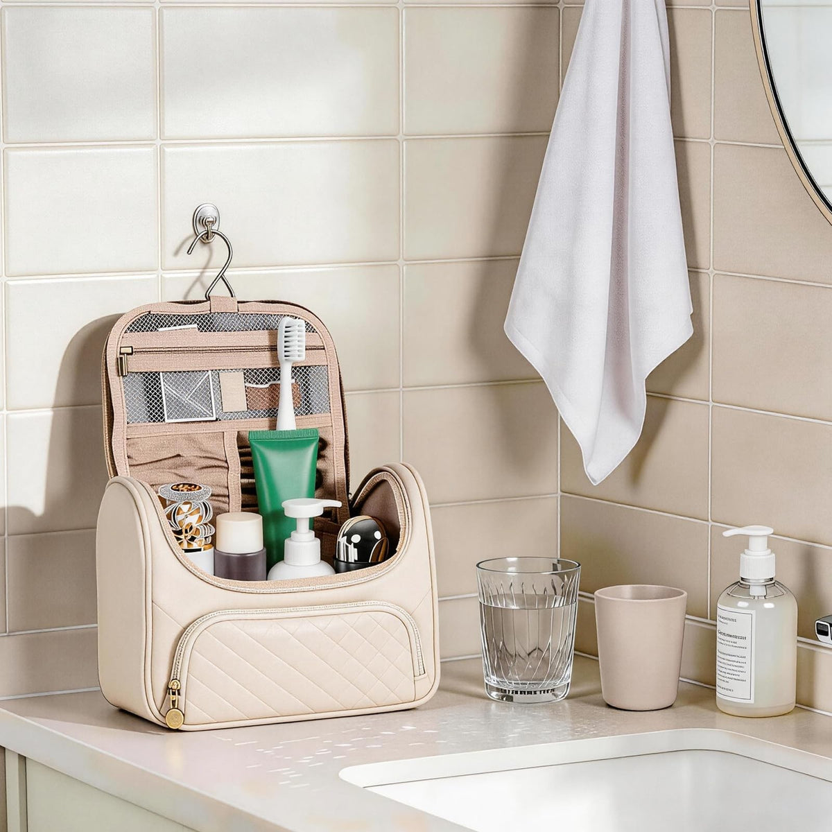 Travel Toiletry Bag for Women with Makeup Brush Organizer - Beige