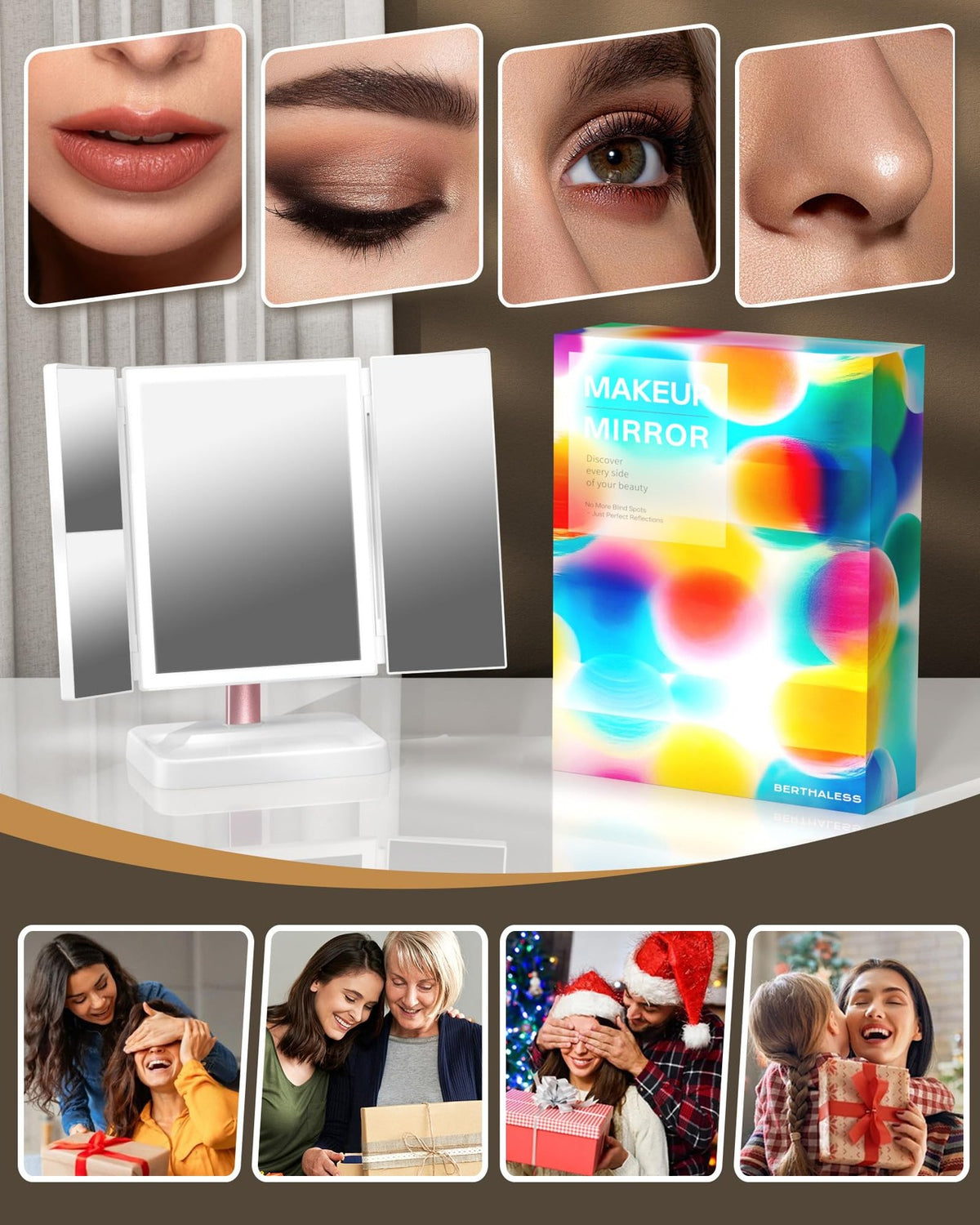 Rechargeable Lighted Vanity Mirror with 3X/2X/1X Magnification, Touch Control