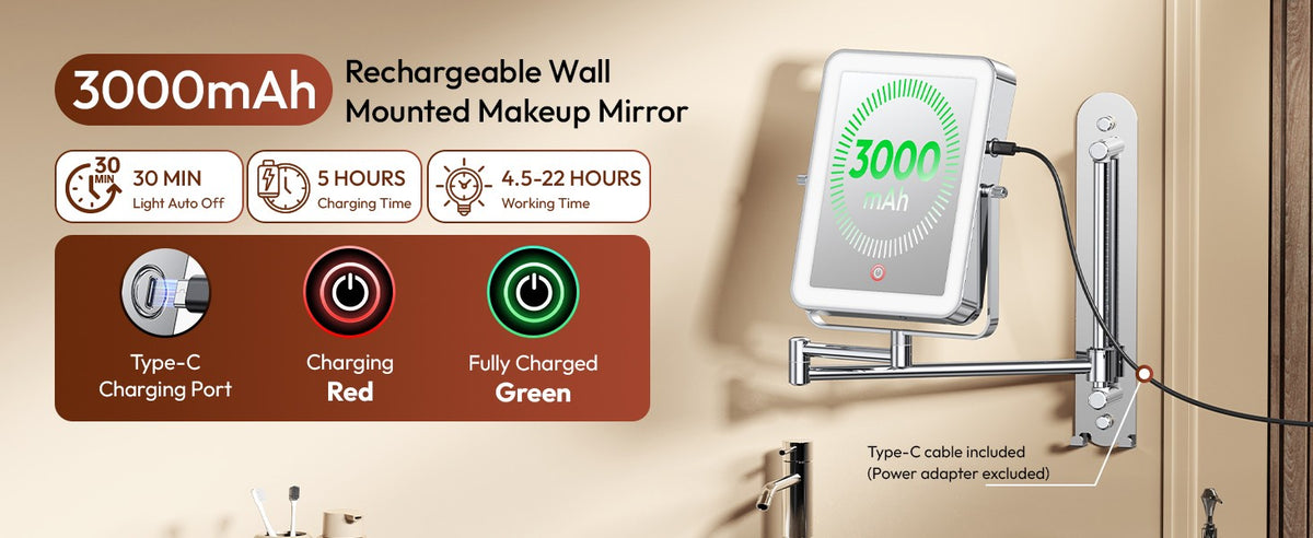 Height Adjustable Wall Mounted Lighted Makeup Mirror with 10X Magnification