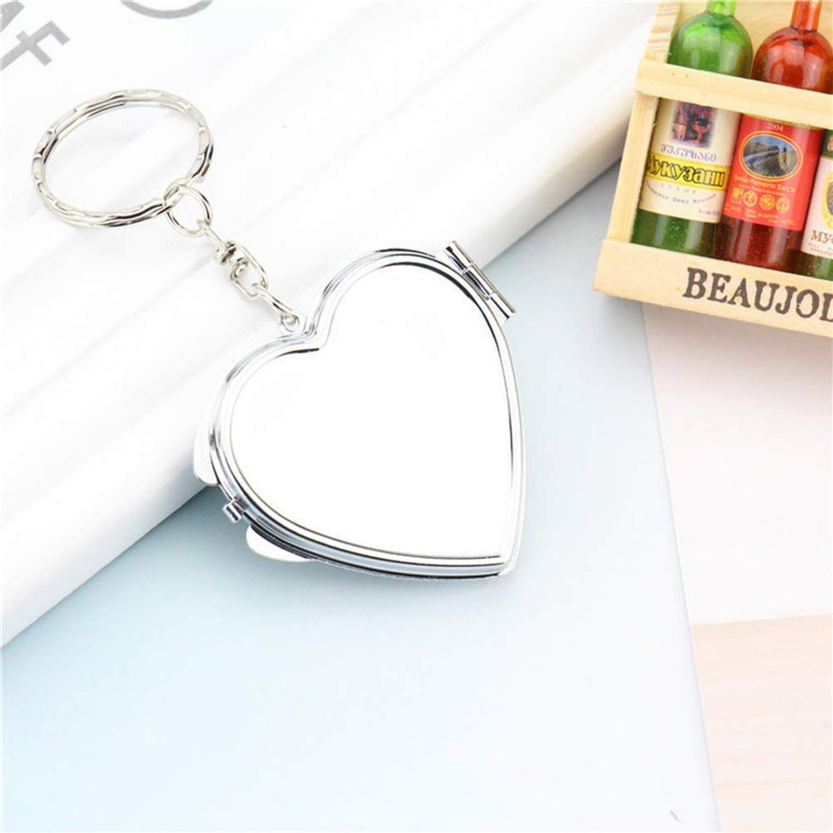 Silver Metal Heart-Shaped Pocket Mirror with Keychain - Travel & Makeup Accessory