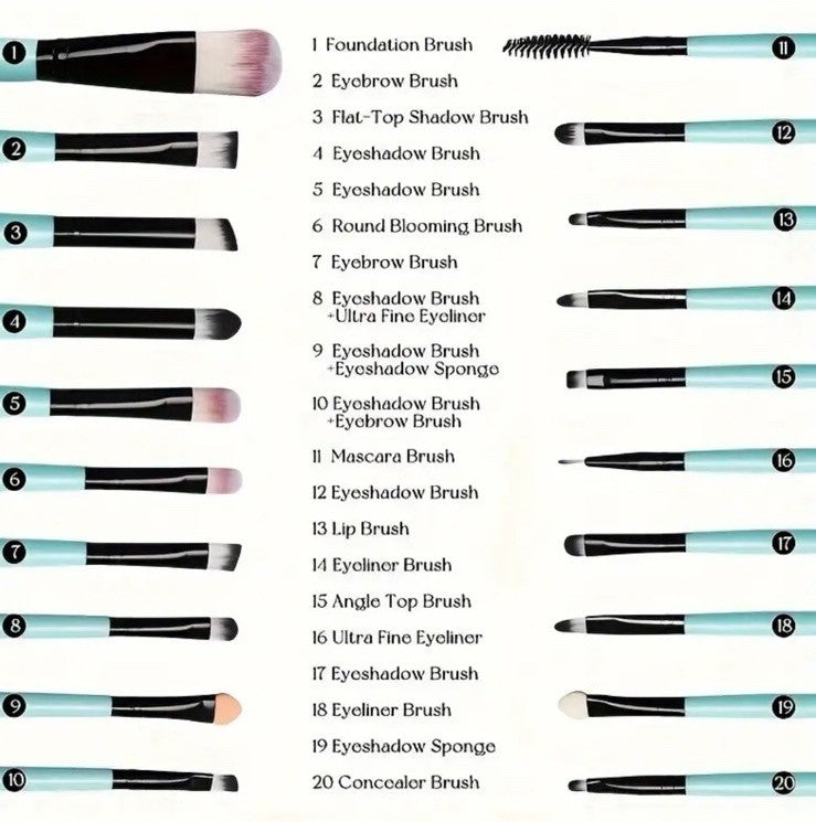 Makeup Brush Set 20 Pcs - Eyeshadow, Lip, Foundation & Blush Tools