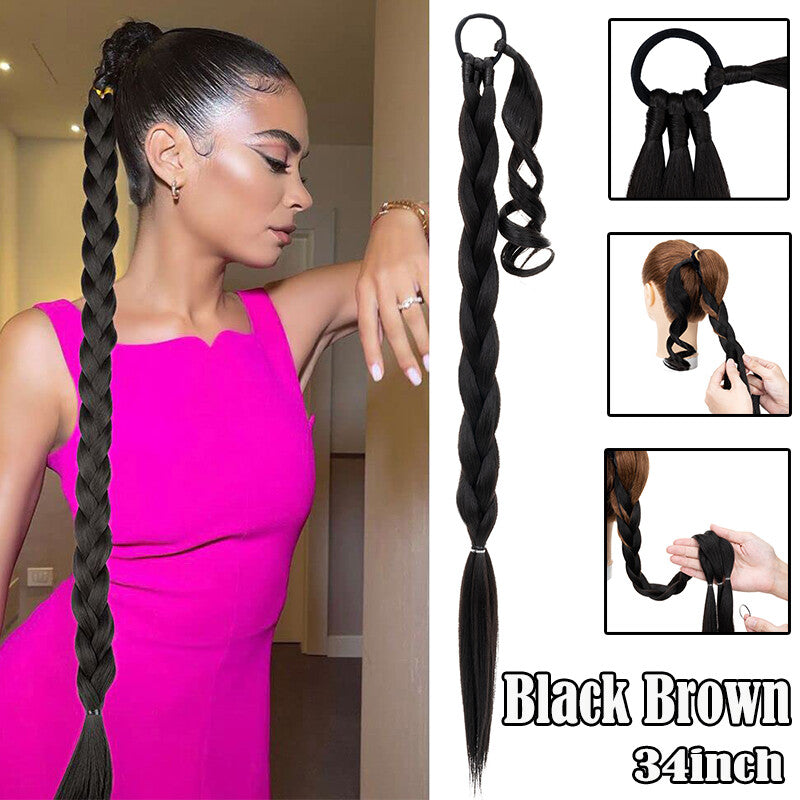 Long Braided Ponytail Extension 34 Inch Straight with Hair Tie Wraps - Multiple Colors