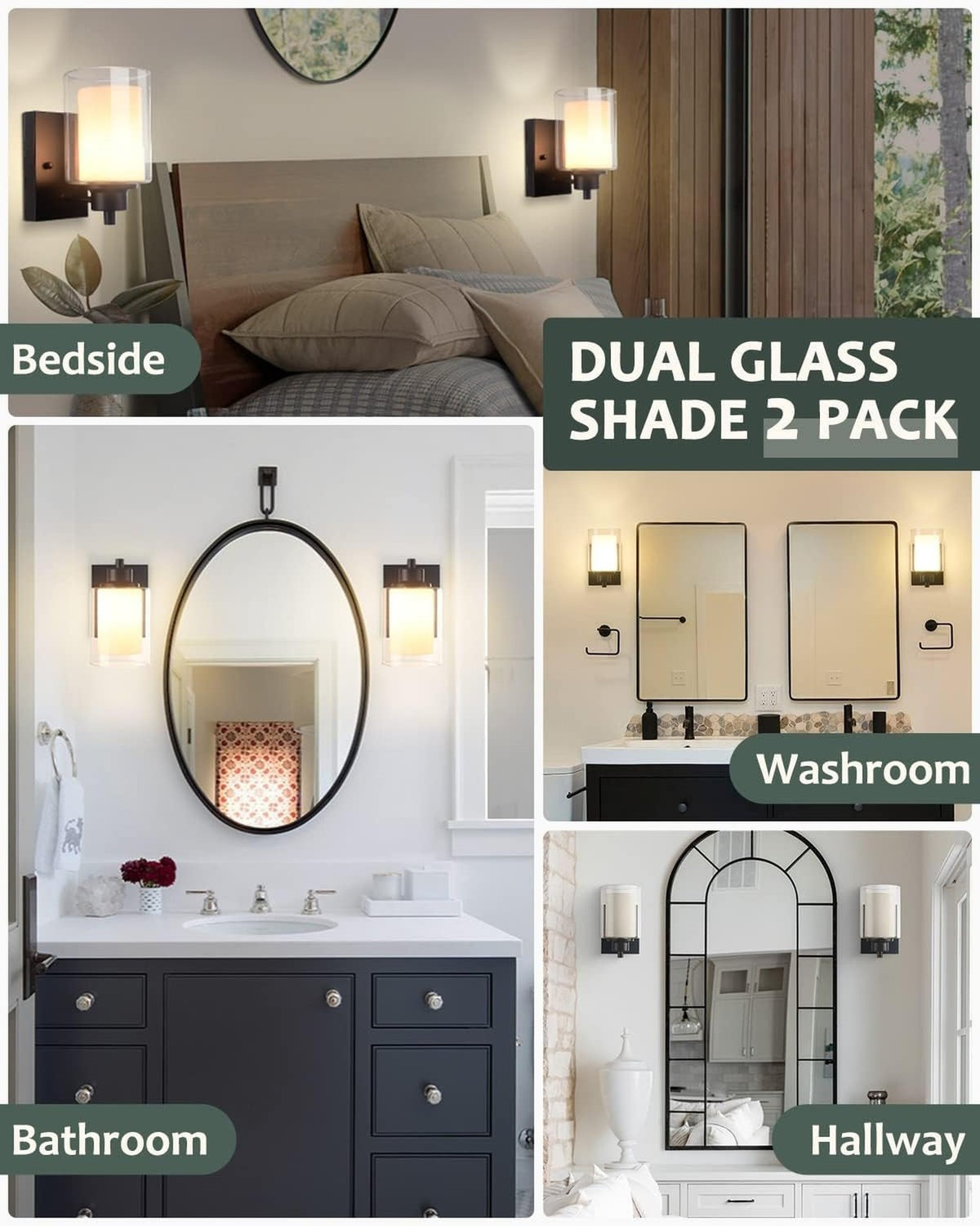 3-Pack Indoor Black Vanity Light Fixtures - 1-Light Wall Sconce with Dual Glass Shade, E26, Dimmable