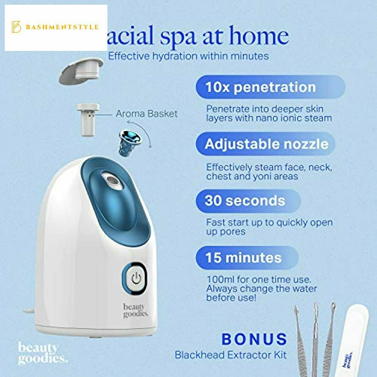 Nano Ionic Facial Steamer with Blackhead Remover Kit - Home Spa Skin Care