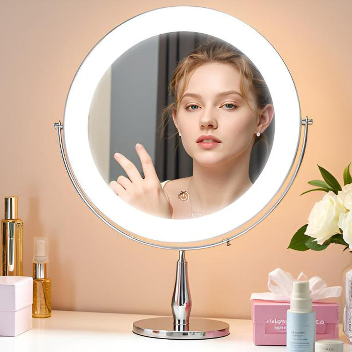 Lighted Makeup Vanity Mirror 11.8 Inch 1X/10X Magnifying with 96 LEDs, White Chrome