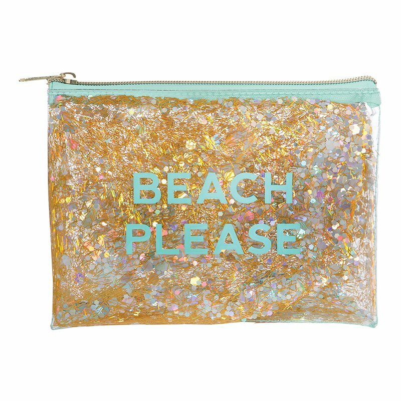 Clear Vinyl Makeup Bag with Gold Sparkles and 'Beach Please' Print