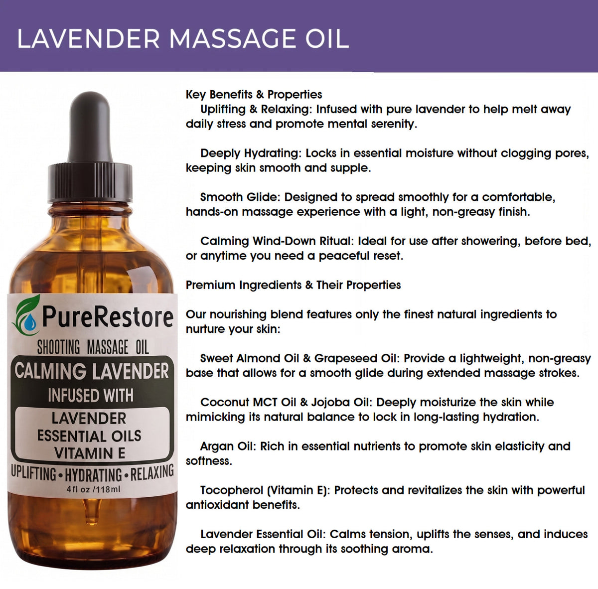 Calming Lavender Massage Oil with Vitamin E - All Natural Body & Relaxation Oil