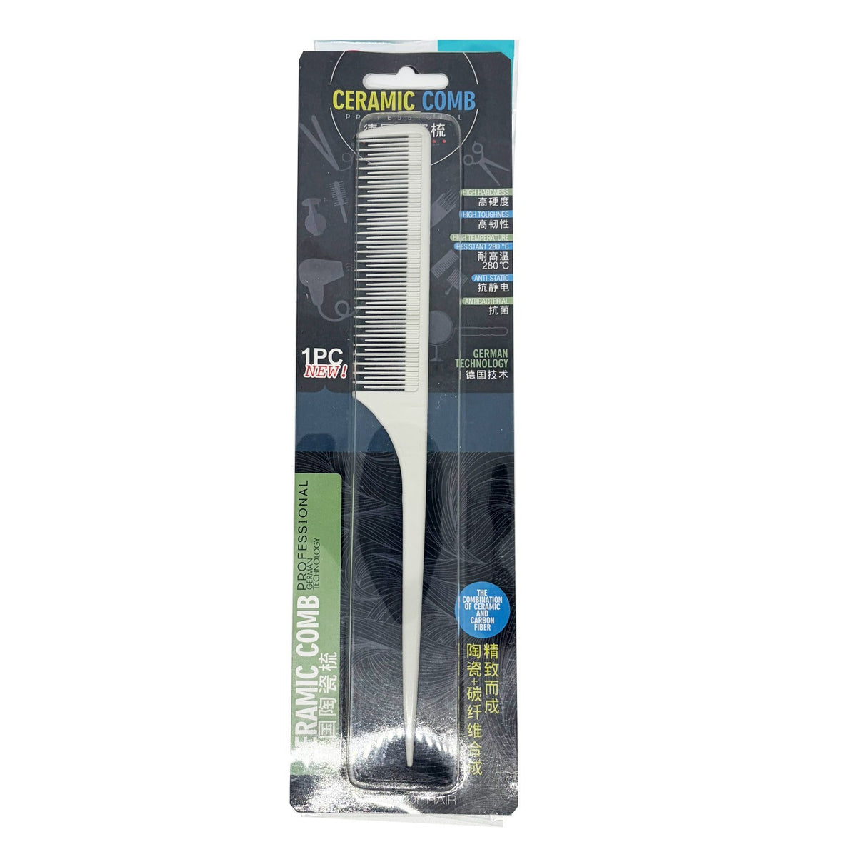 Professional Ceramic Comb with Fine Teeth - 9" Metal Tail