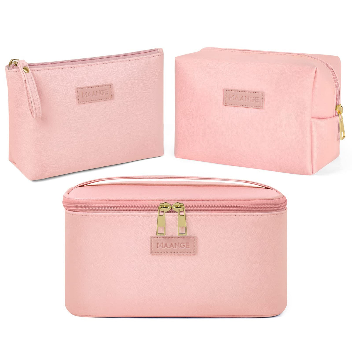 Large Travel Makeup Bag with 2 Small Cosmetic Pouches - Portable Leather Organizer Set